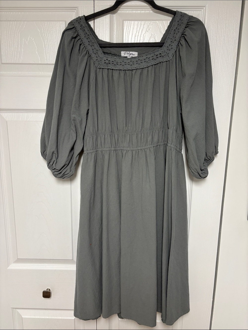 Polagram Square Neck Puff Sleeve Midi Dress in Gray Green